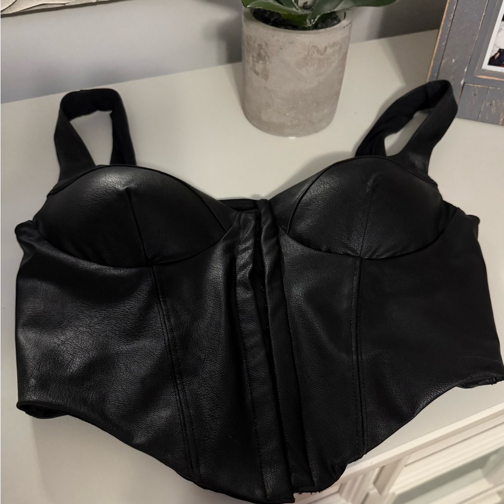 naked wardrobe Black Faux Leather Corset Crop Top
